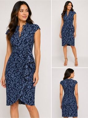 Vince Camuto Dress Women's Size 4 Blue Floral Lace Lined Side Ruffle Cap Sleeve